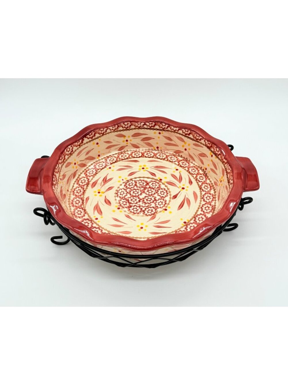 Temptations Old World Red & Cream Ceramic Pie Plate W/Wire Basket Floral Design